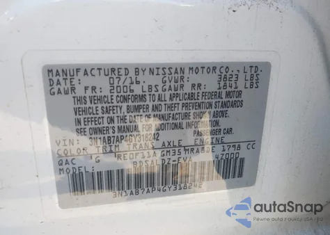 2016 Nissan Sentra Sv from USA, damaged, VIN 3N1AB7AP4GY318242